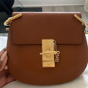Chloe Grained lambskin Mini Drew bag in cognac brown with gold hardware